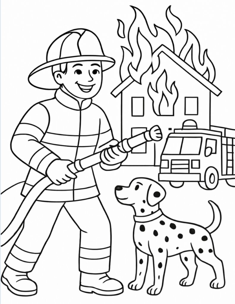 firefighter spraying burning house coloring page with fire truck dog and flames coloring page