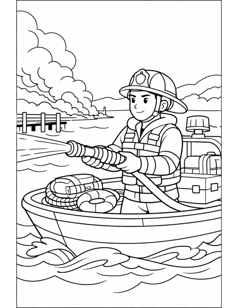 firefighter spraying water from boat coloring page showing a firefighter on a rescue boat near smoke by the shore coloring page