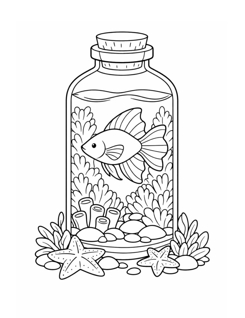 fish in a bottle aquarium coloring page with coral, rocks, and starfish outside the jar coloring page