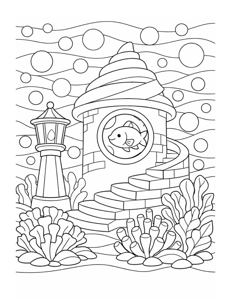 fish in lighthouse window coloring page with spiral tower, curved stairs, bubbles, and sea plants coloring page