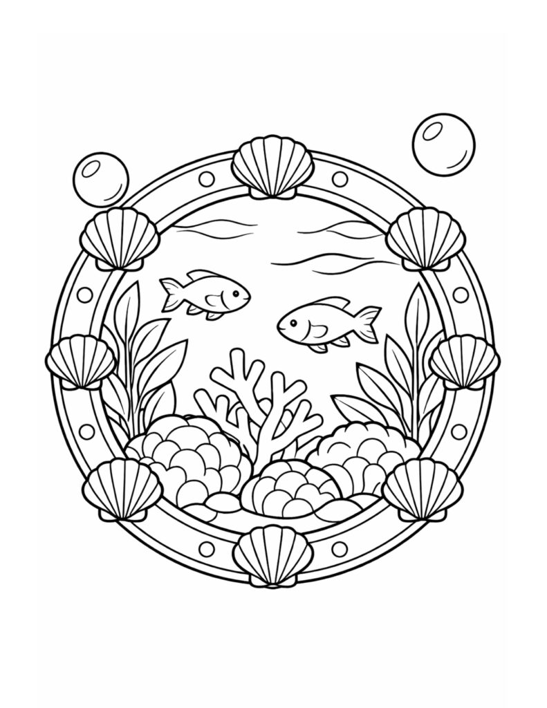 fish in seashell porthole coloring page with two fish, coral, sea plants, and bubbles coloring page