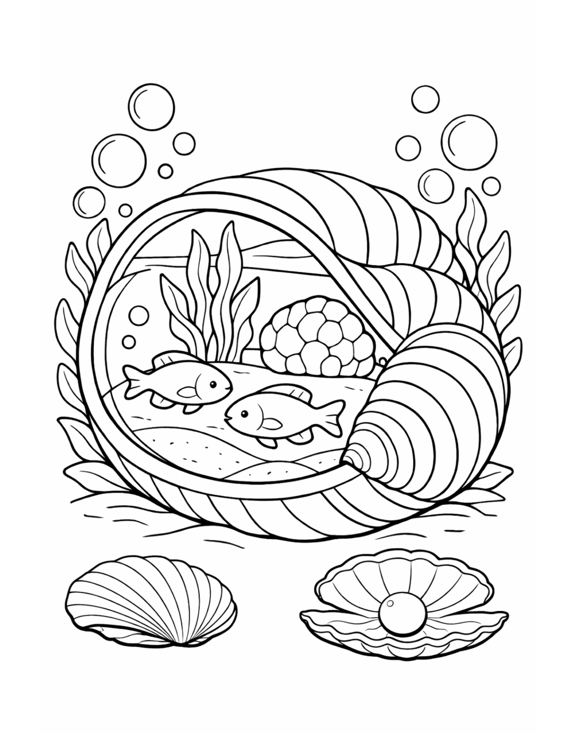 fish inside seashell aquarium coloring page showing two small fish, sea plants, bubbles, and shells, coloring page