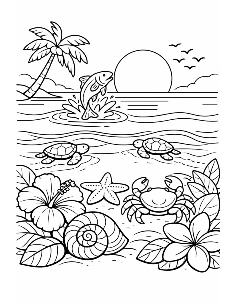 fish jumping at sunset coloring page with two sea turtles swimming, a crab on sand, shells, flowers, and a palm tree coloring page