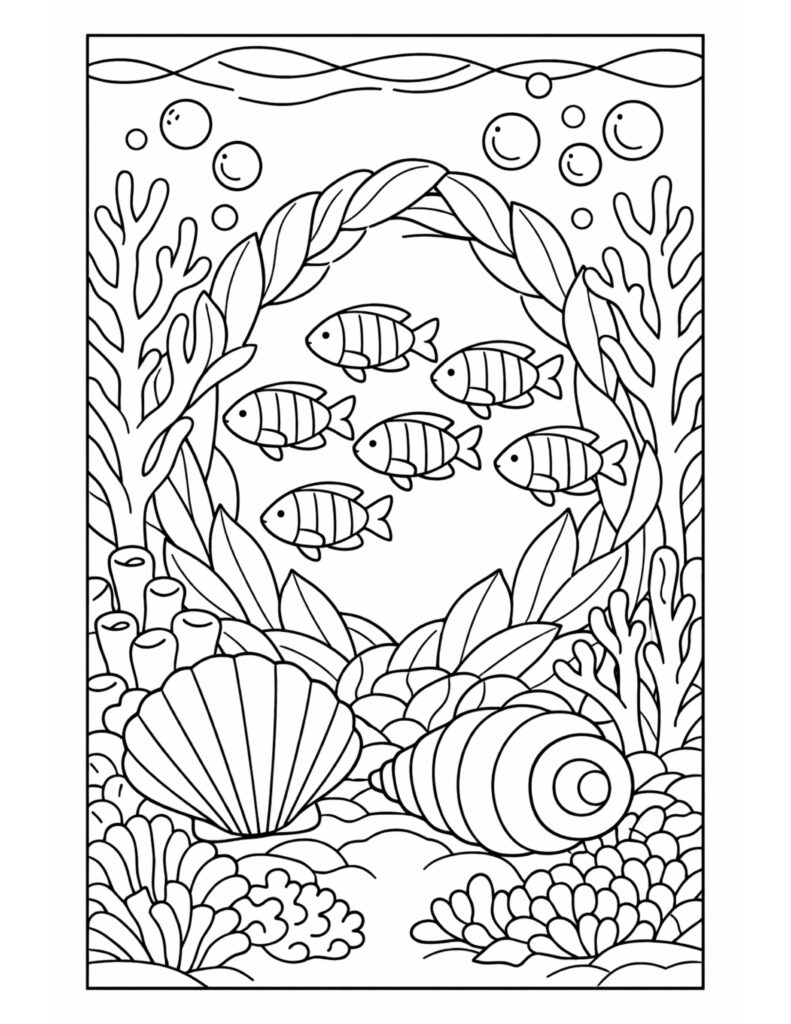 fish swimming in seaweed wreath coloring page with coral, shells, bubbles, and small fish underwater coloring page