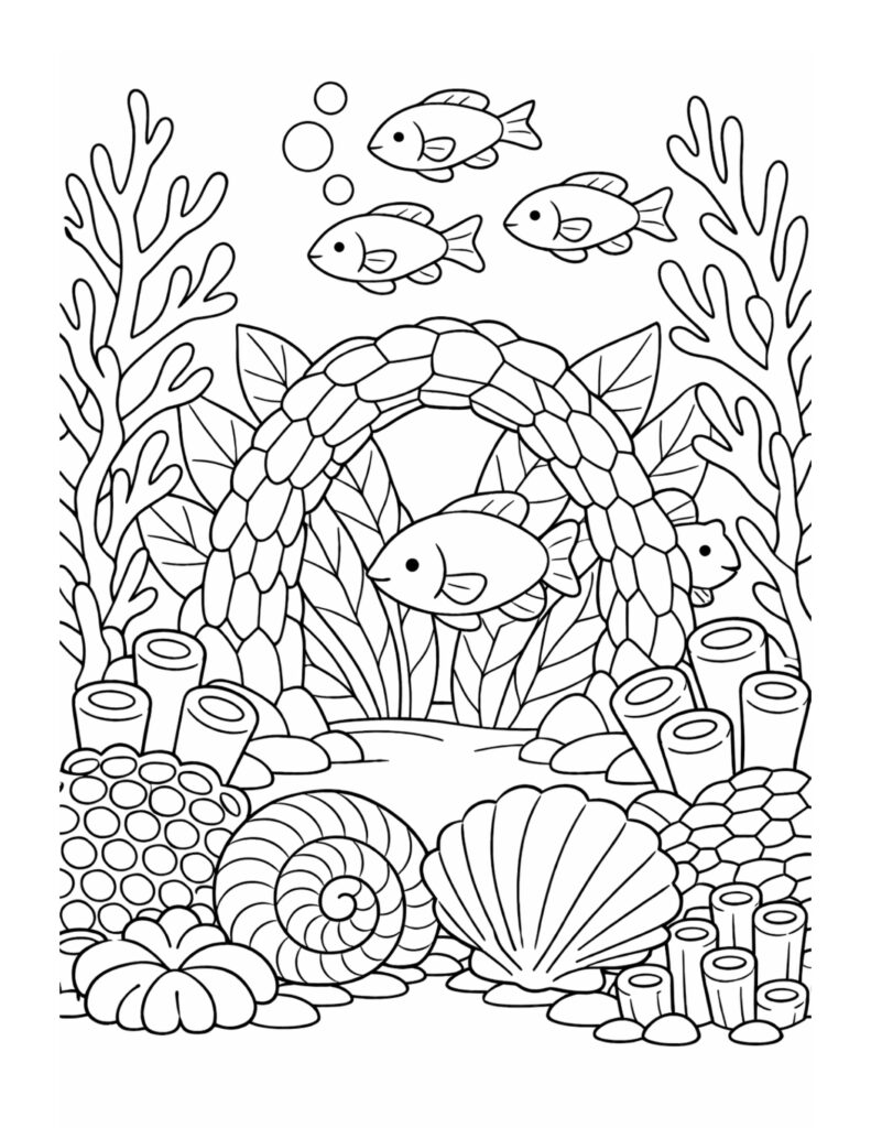 fish swimming through coral arch coloring page with small fish, coral tubes, shells, and sea plants coloring page