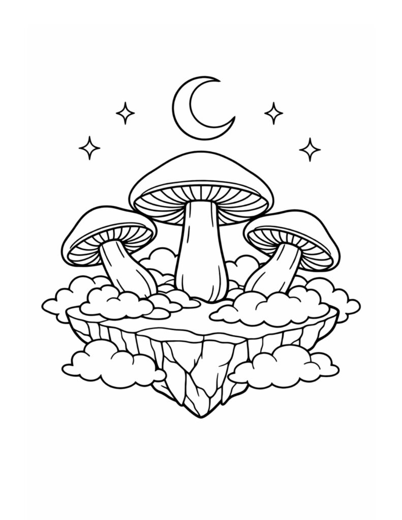 floating island mushrooms under moon coloring page with clouds, stars, and a dreamy floating island coloring page