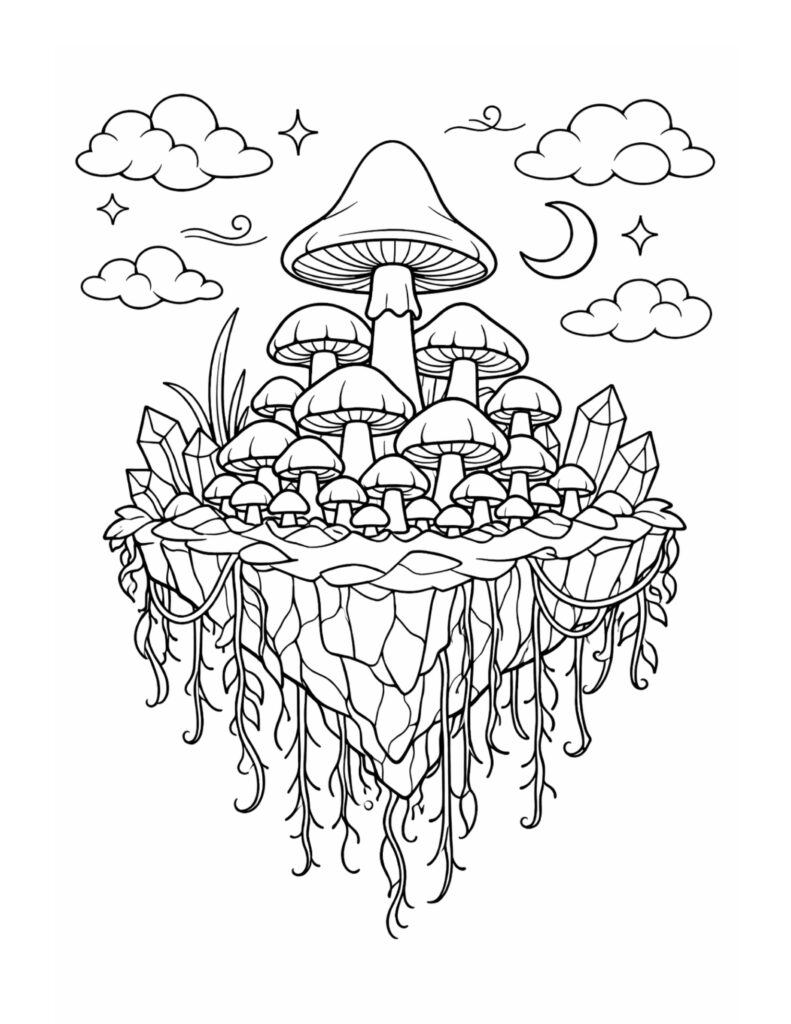 floating mushroom island under moon coloring page with many mushrooms crystals clouds and crescent moon coloring page