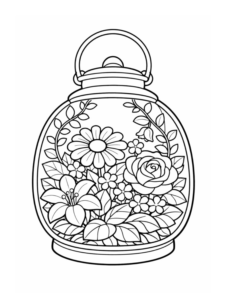 floral lantern filled with flowers coloring page inside a glass lantern with handle, detailed petals and leaves coloring page