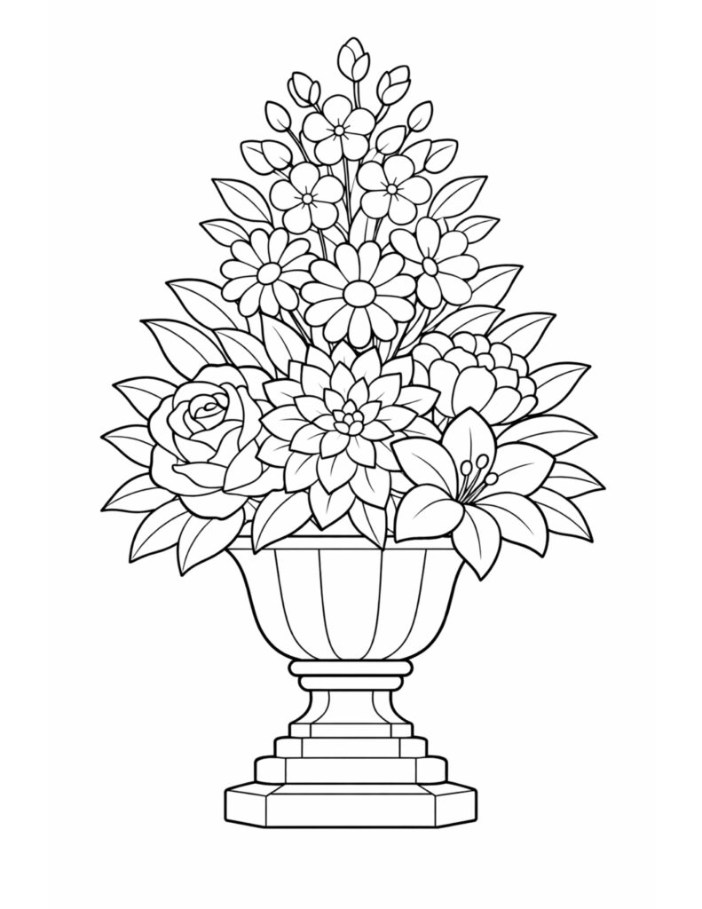 floral urn on pedestal coloring page with a tall urn filled with mixed blossoms and leafy stems coloring page
