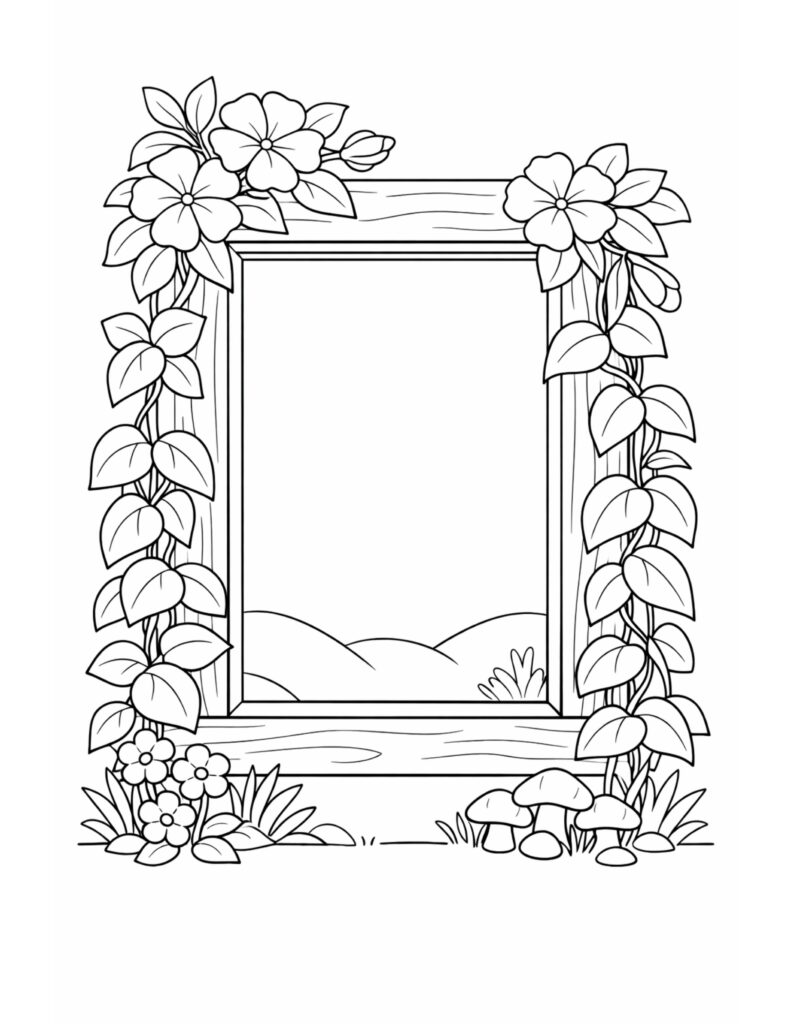 floral vine picture frame coloring page with leafy vines, simple blossoms, and little mushrooms