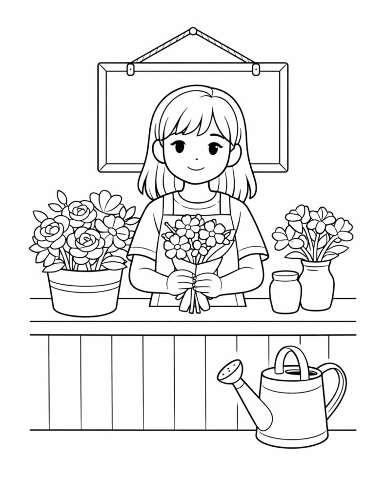 florist holding bouquet at counter coloring page with flower buckets, jars, and a watering can coloring page