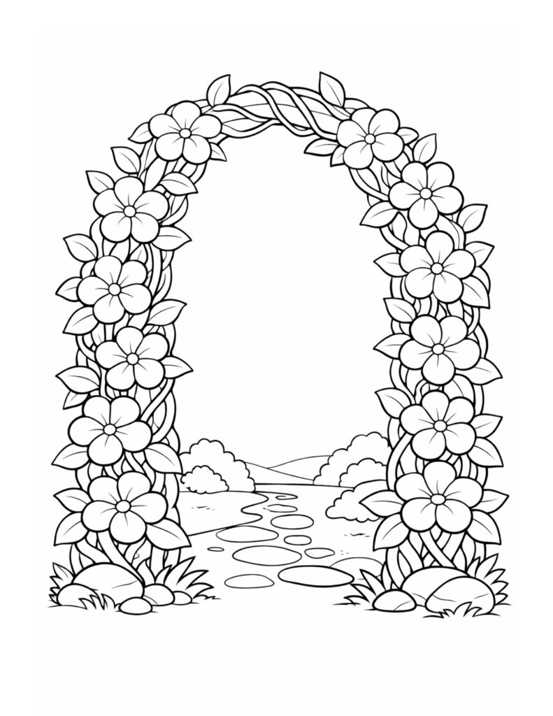 flower arch garden pathway coloring page with floral archway and winding path