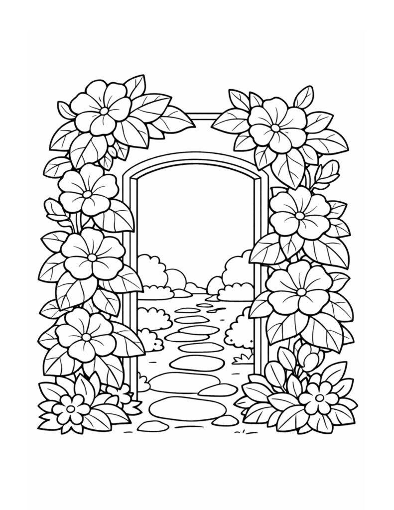 flower archway over stone path coloring page with blooming vines framing an arched doorway and stepping stones coloring page