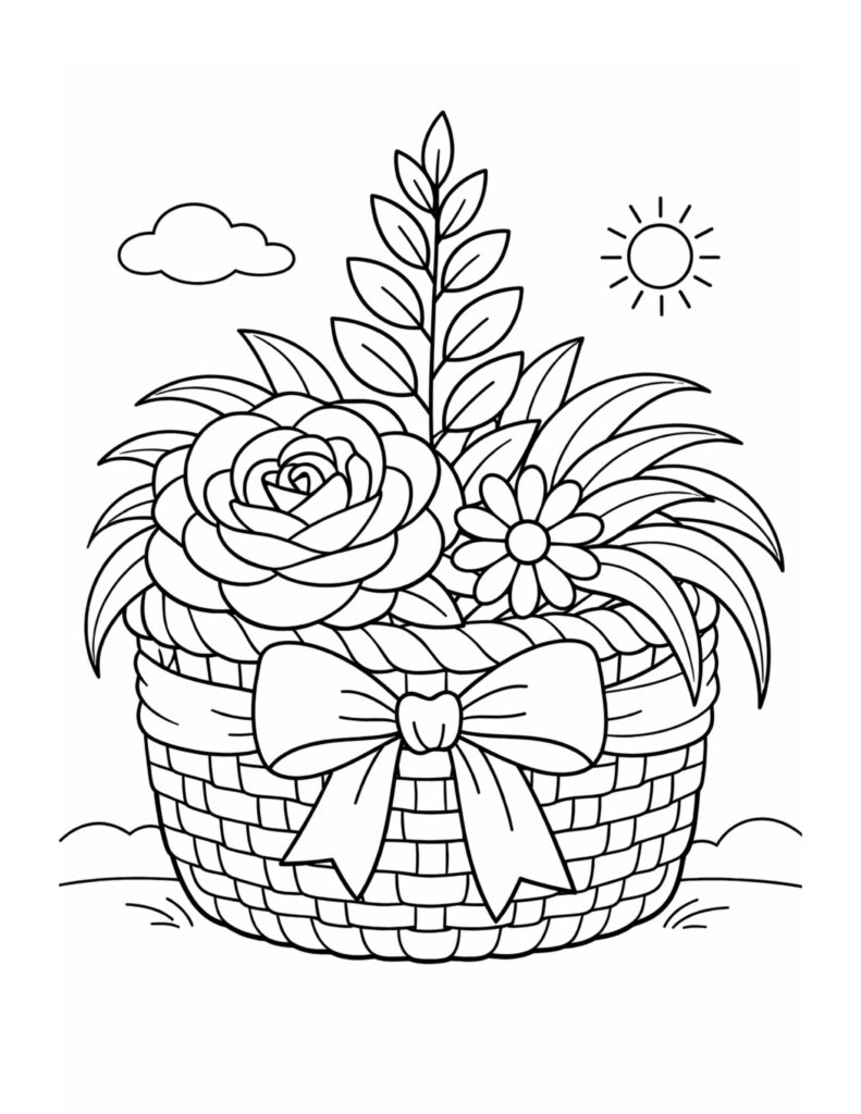 flower basket under sunny sky coloring page with woven basket, ribbon bow, leaves, sun and cloud coloring page