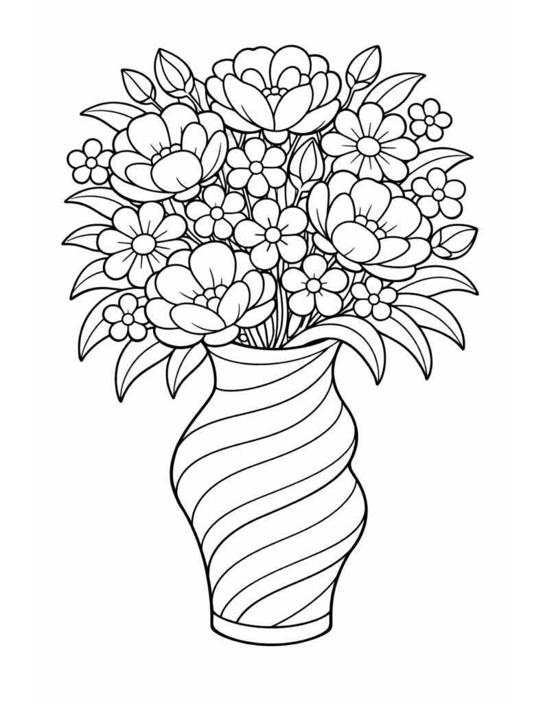 flower bouquet in swirl vase coloring page showing a full bouquet in a wavy striped vase coloring page