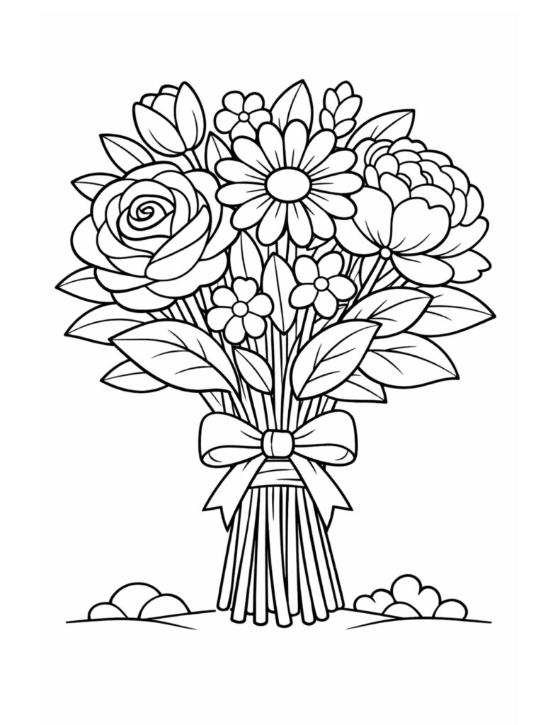 flower bouquet tied with ribbon coloring page with detailed floral arrangement and bow