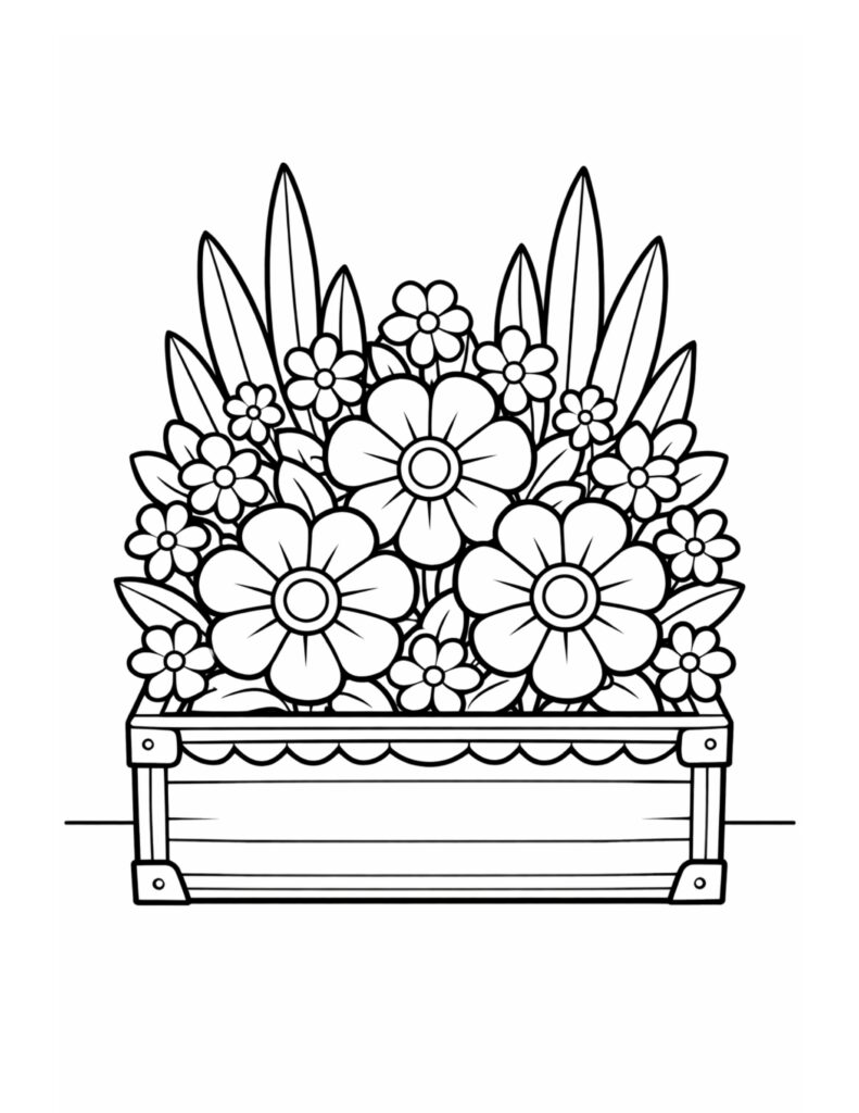 flower box garden arrangement coloring page with large flowers, small blossoms, and leafy stems in a wooden planter coloring page