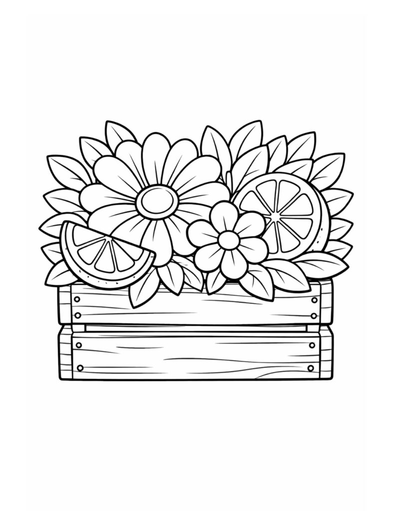 flower crate with citrus slices coloring page featuring flowers leaves and fruit details coloring page