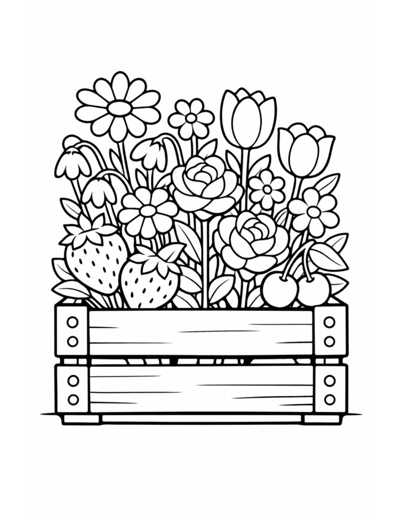 flower crate with fruits coloring page featuring a wooden box filled with flowers and berries coloring page