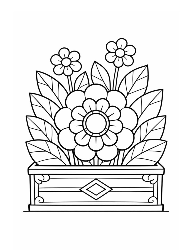 flower in decorative planter box coloring page with a large center bloom, two small flowers, and leafy stems coloring page