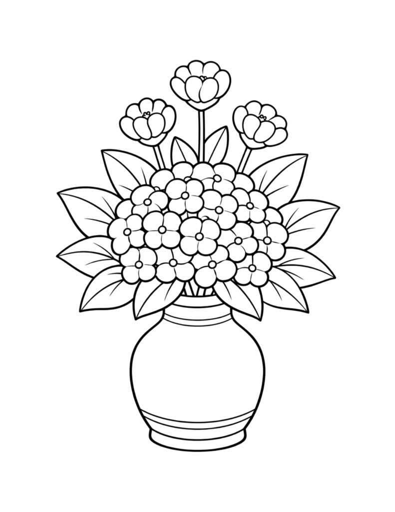 flower jar with leafy bouquet coloring page showing a round vase, clustered blooms, and wide leaves coloring page