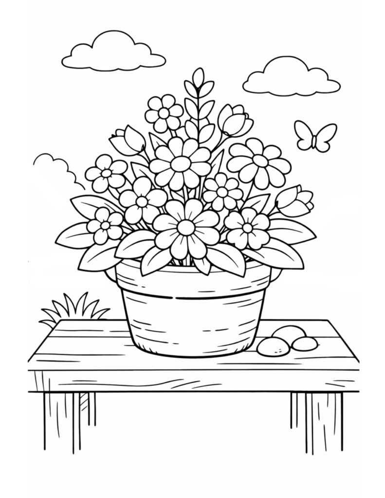 flower pot on wooden table coloring page with blooming bouquet, clouds, and butterfly coloring page