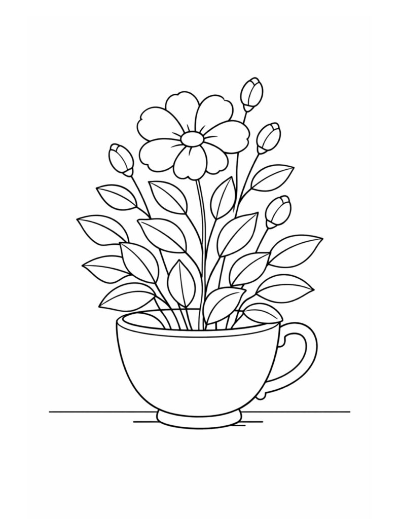 flower sprig in teacup coloring page with a cozy cup, leafy stems, and buds coloring page
