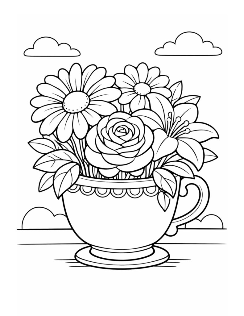 flower teacup bouquet on saucer coloring page with a rose daisy and lily in a cup coloring page