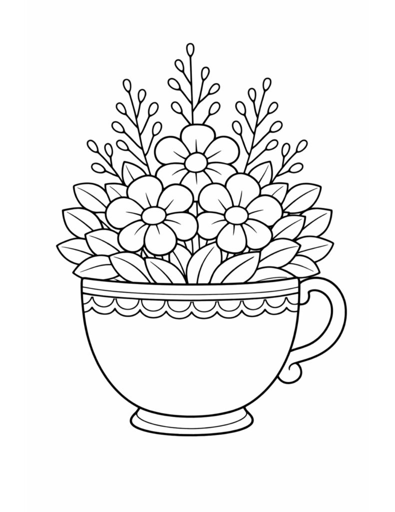 flowers in a teacup coloring page with a blooming bouquet inside a patterned teacup coloring page