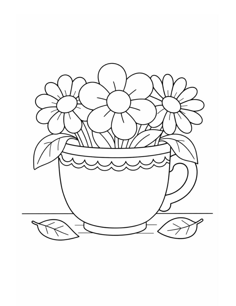 flowers in teacup on table coloring page showing a scalloped teacup planter, three daisy blooms, and loose leaves coloring page