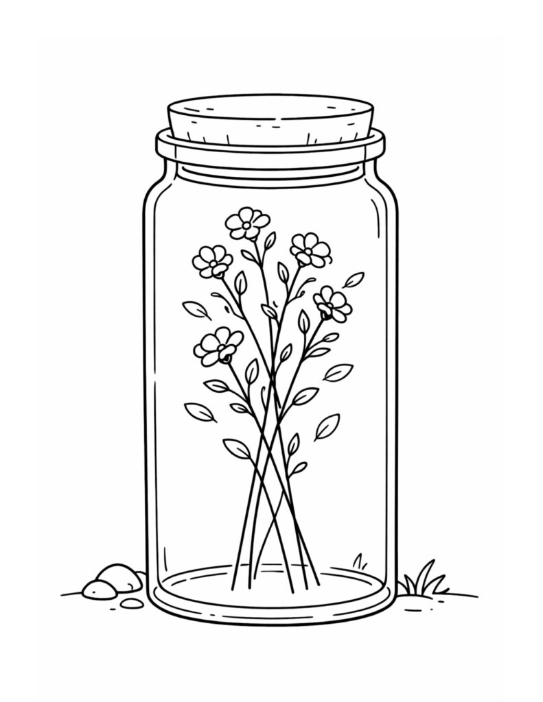 flowers inside glass jar coloring page with delicate stems and small blossoms in a clear jar