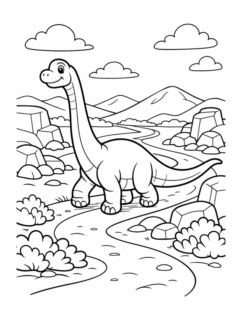 friendly dinosaur walking along river coloring page with mountains rocks and clouds in the background coloring page