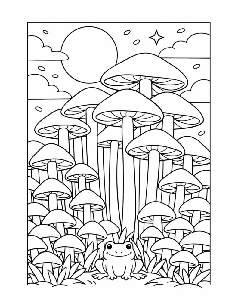 frog in tall mushroom forest coloring page with a cute frog, tall mushrooms, moon, clouds, and sparkles coloring page