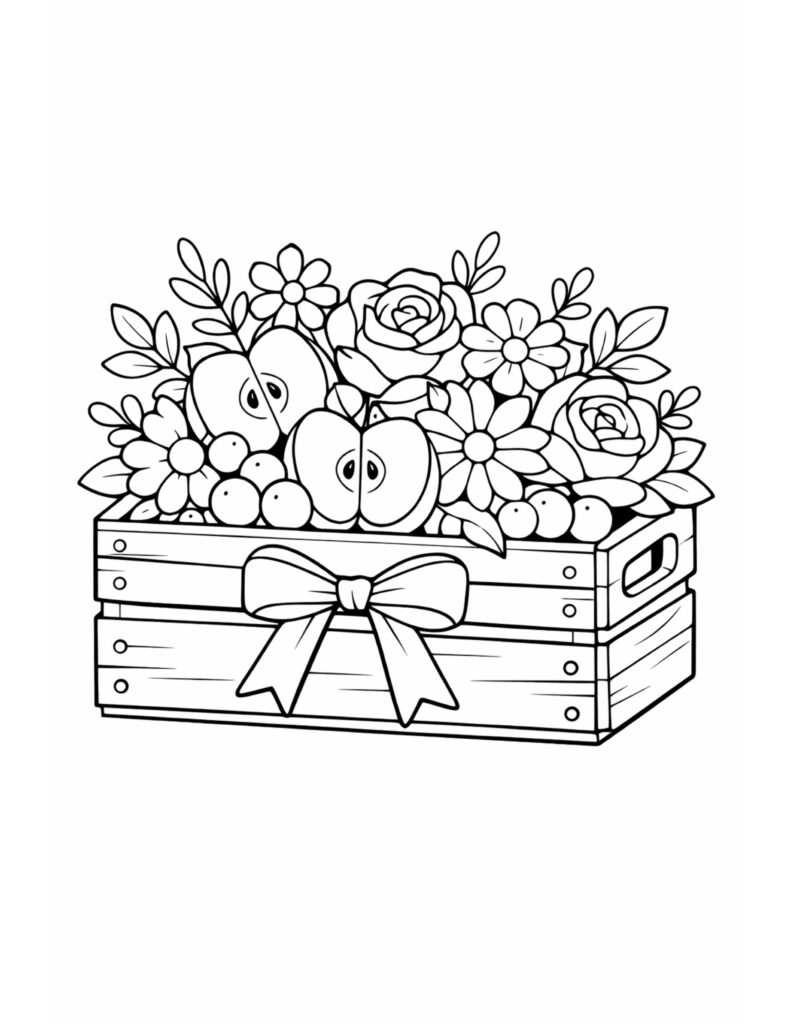 fruit and flower gift crate coloring page with a ribbon bow, sliced apples, and blossoms coloring page