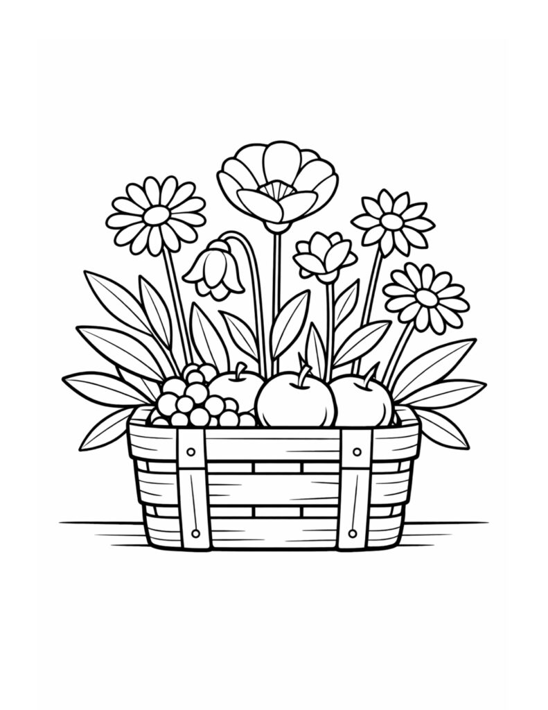 fruit basket with garden flowers coloring page showing apples, grapes, and tall blooms in a wooden basket coloring page