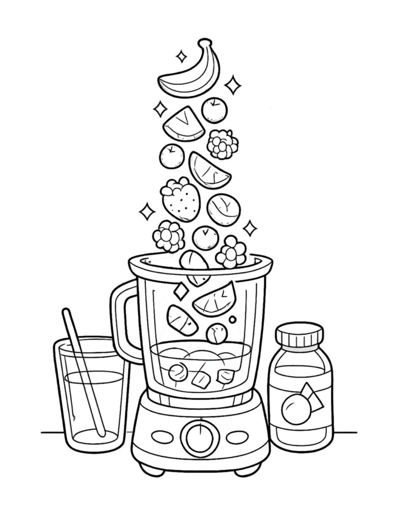 fruit flying into blender coloring page with banana berries and citrus dropping into a blender beside a glass coloring page