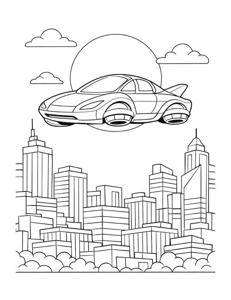 futuristic flying car over city coloring page with a sleek car hovering above a modern skyline coloring page
