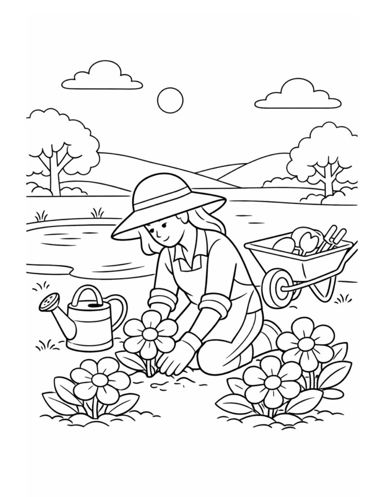 gardener planting flowers lakeside coloring page featuring a kneeling gardener, blooms, and a wheelbarrow coloring page