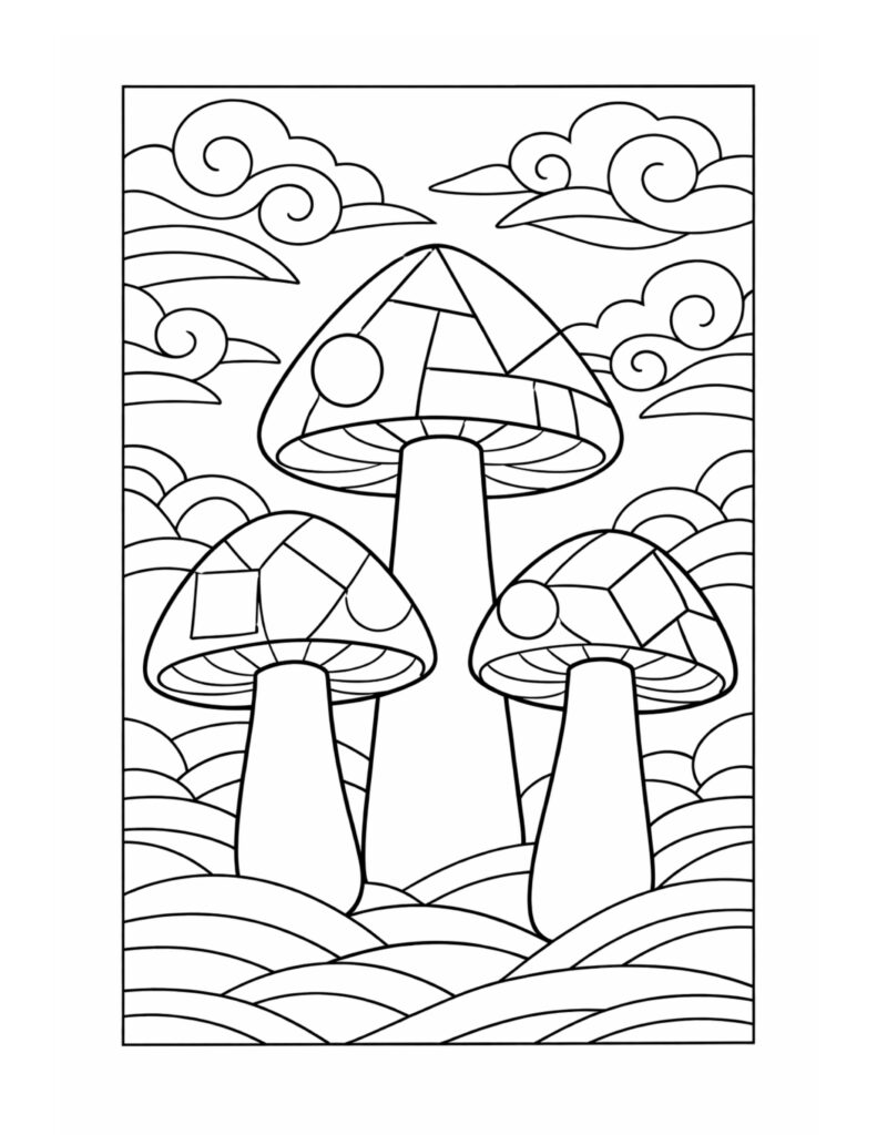 geometric capped mushrooms in clouds coloring page with three tall mushrooms and swirling sky details coloring page