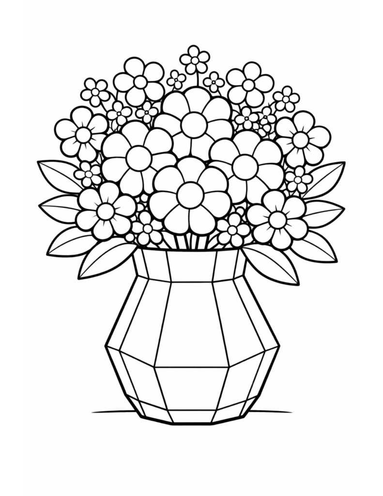 geometric vase flower bouquet coloring page with a faceted vase and clustered simple blossoms coloring page