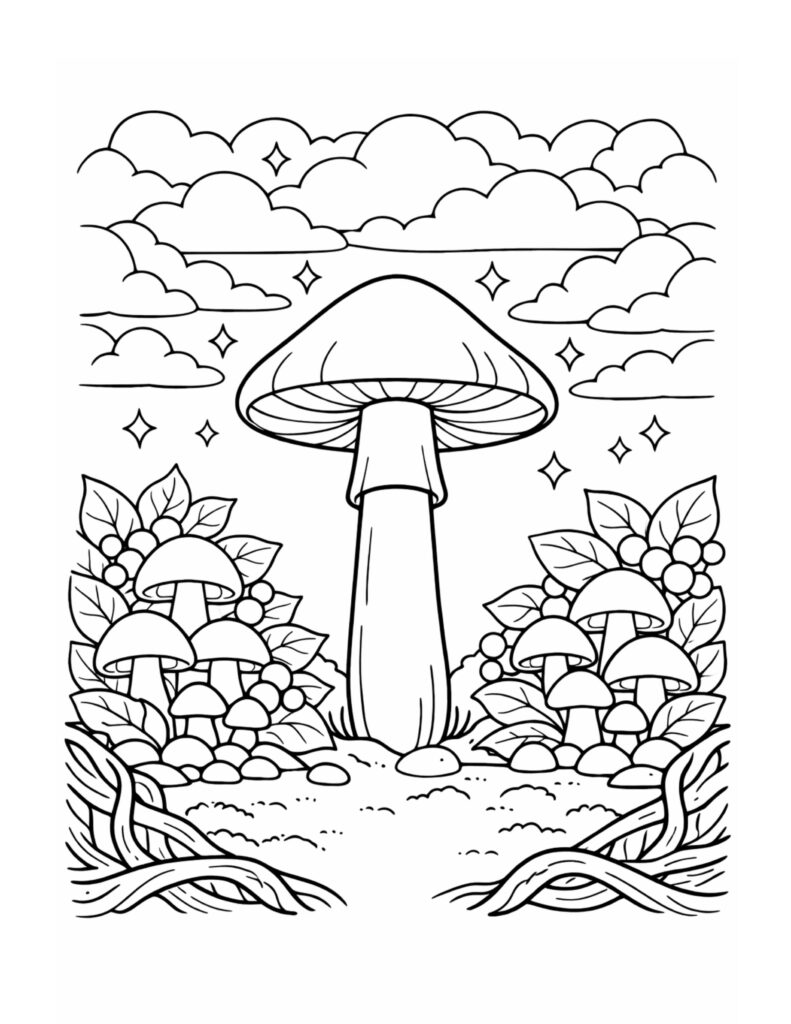 giant mushroom under cloudy sky coloring page with a tall mushroom, sparkles, clouds, and small mushrooms coloring page