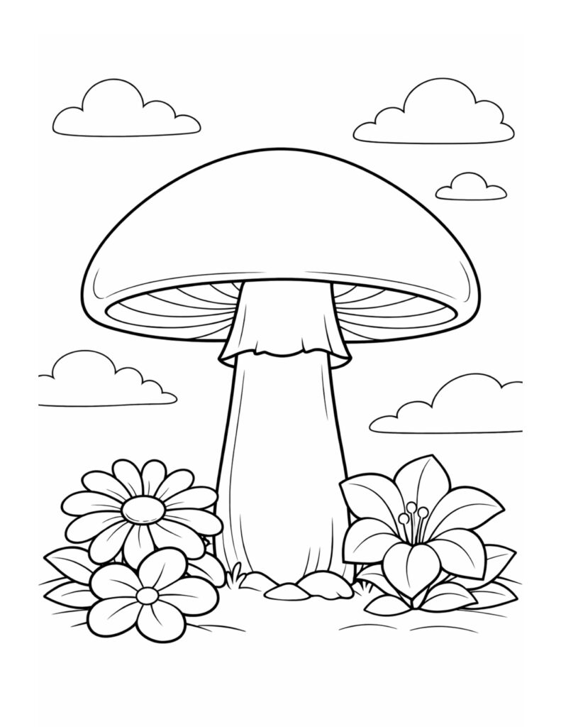 giant mushroom with garden flowers coloring page featuring fluffy clouds and blooming flowers coloring page