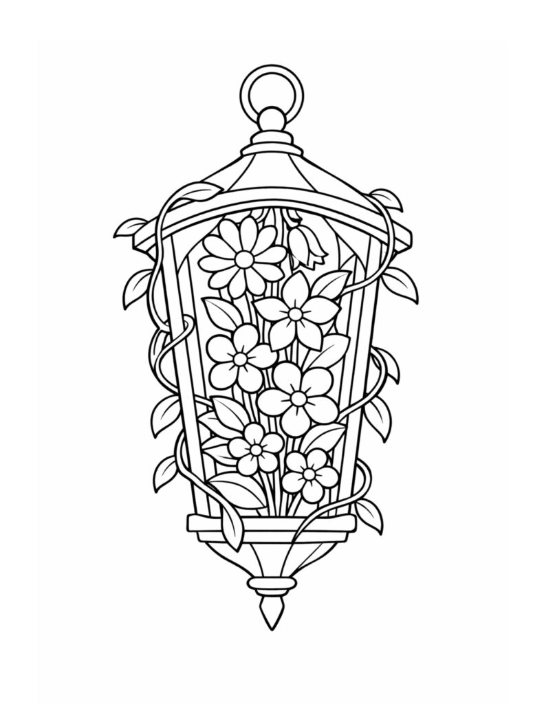 hanging floral lantern with vines coloring page featuring flowers inside a hanging lantern coloring page
