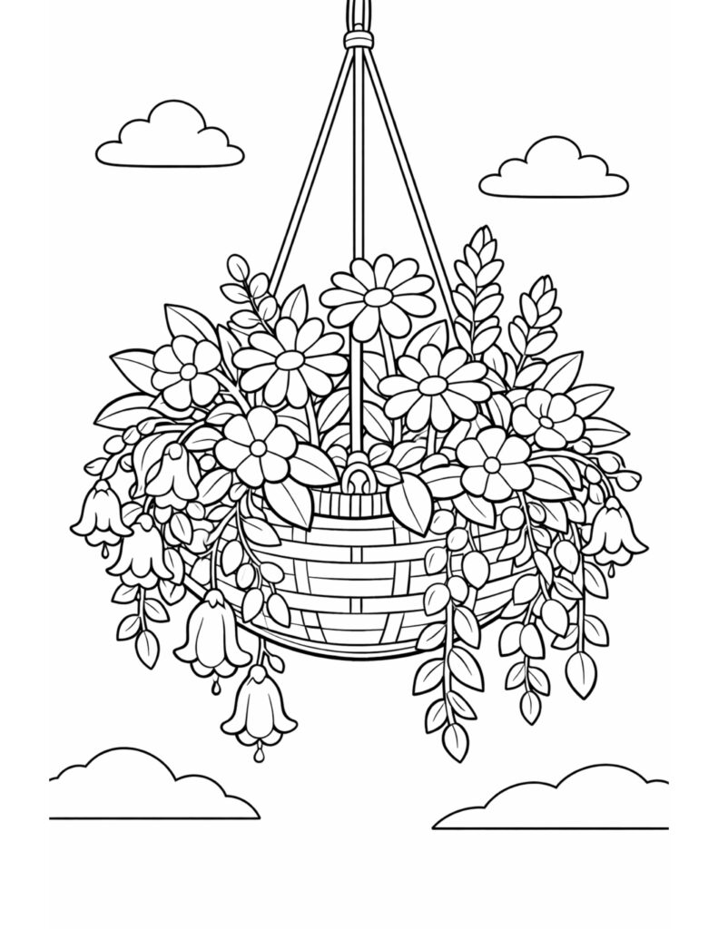 hanging flower basket with vines coloring page with woven basket, daisies, bell flowers, and trailing leaves coloring page