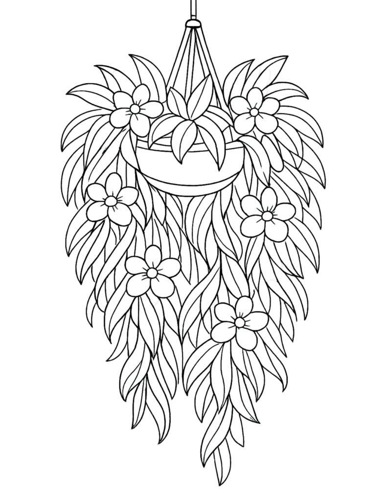 hanging planter with cascading leaves coloring page with trailing leaves and five petal flowers coloring page