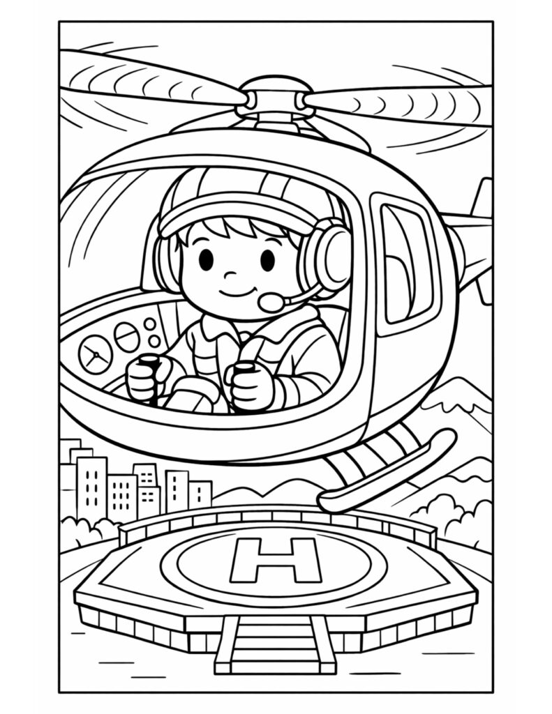 helicopter pilot landing on helipad coloring page with smiling pilot in cockpit, rotor blades, and city view coloring page
