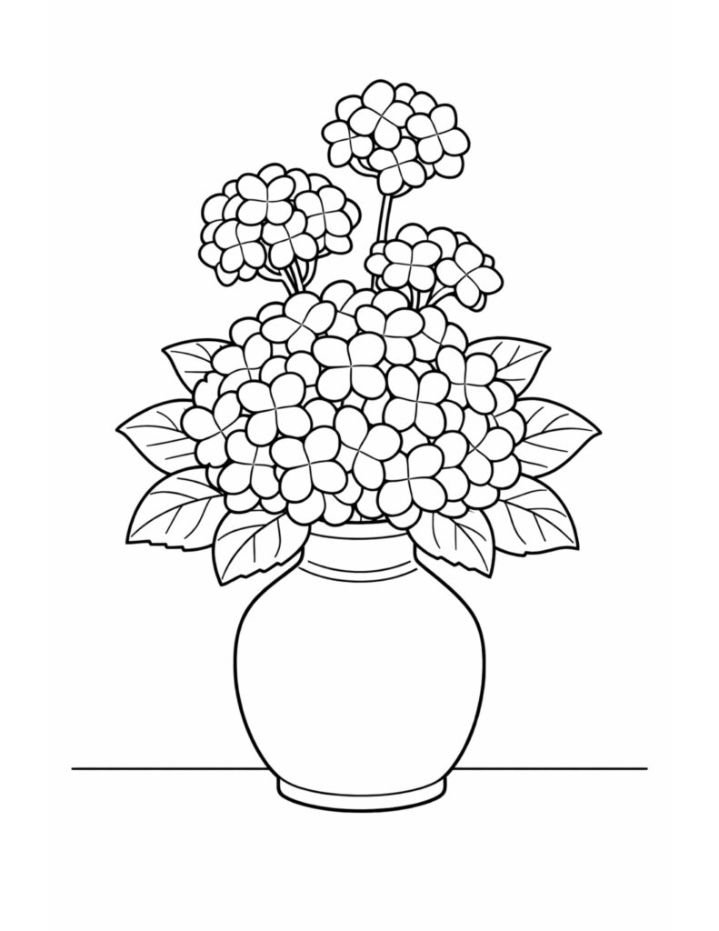 hydrangea blooms in round vase coloring page with clustered flowers, wide leaves, and a simple tabletop line coloring page