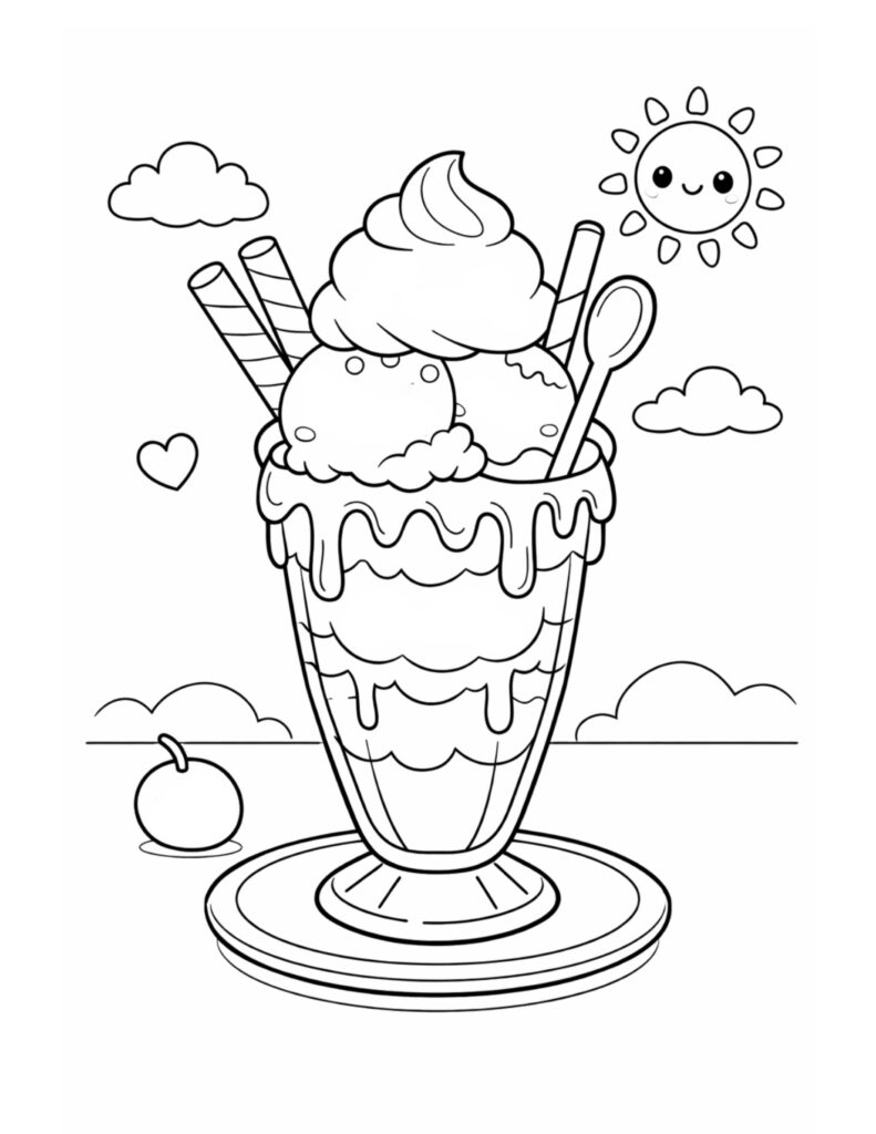 ice cream sundae sunny sky coloring page with tall dessert glass whipped cream and cheerful outdoor scene coloring page