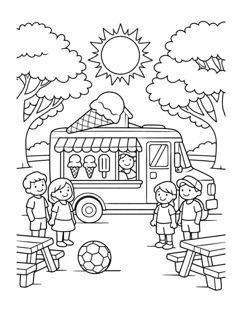 ice cream truck at park coloring page with children, trees, sun, and picnic benches coloring page