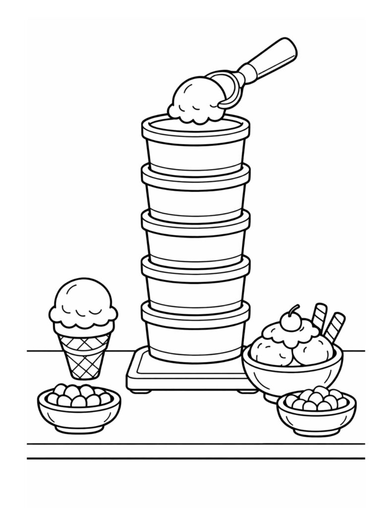 ice cream tubs and scoop coloring page with stacked tubs, sundae bowl, toppings bowls, and cone coloring page